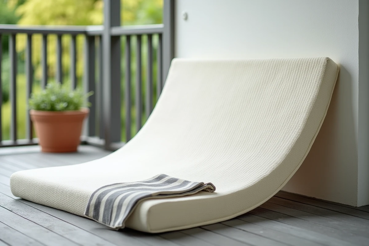 Matelas en latex japonais posé debout contre un mur extérieur pour aération et entretien sur une terrasse en bois