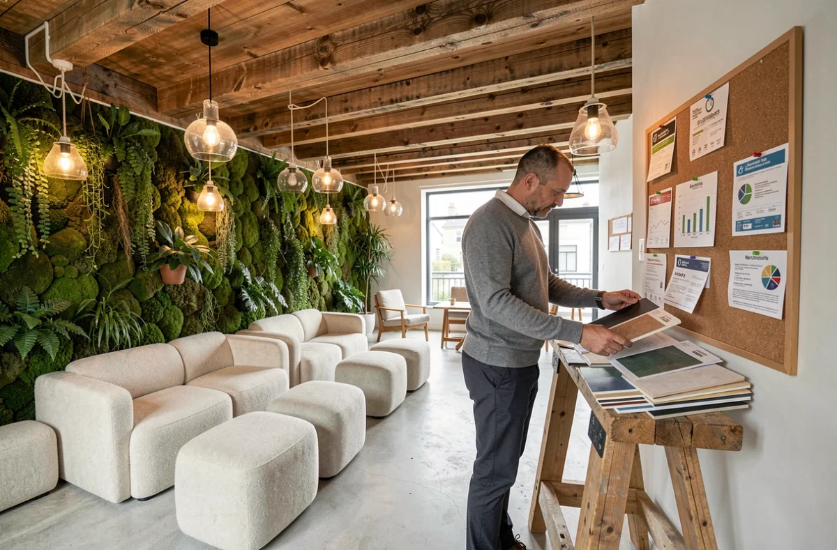 Espace de travail éco-responsable à Nantes conçu par l'agence CKTFC avec mur végétal et matériaux recyclés