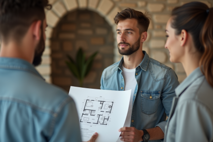 Agent immobilier expliquant un plan &agrave; un couple dans un appartement moderne