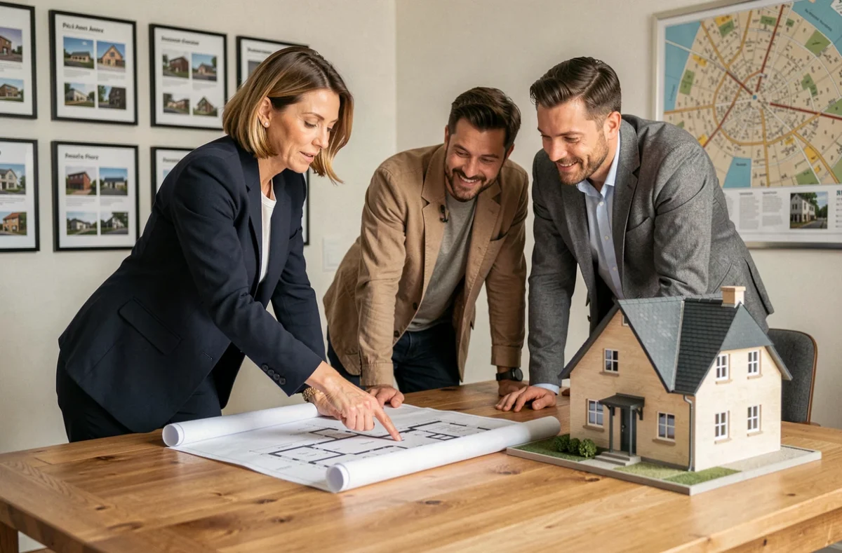 Agent immobilier et couple discutant d'un projet de construction de maison picarde dans une agence immobilière à Amiens