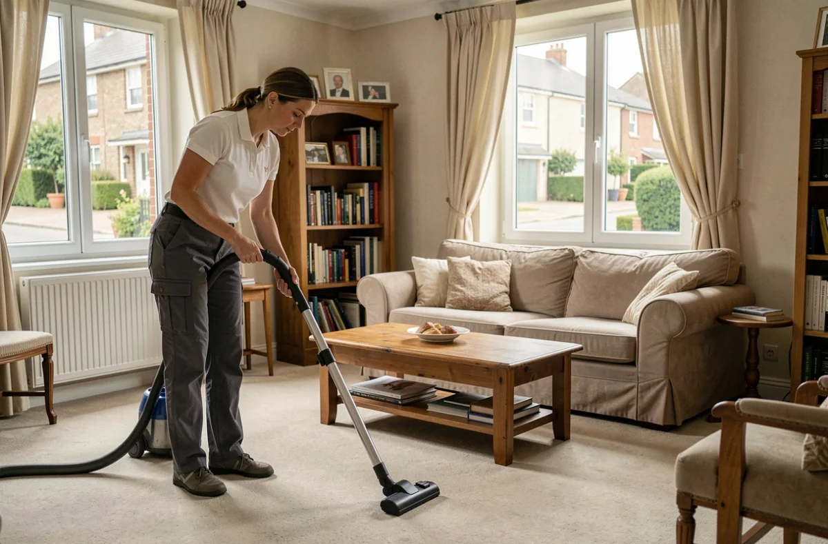 Aide ménagère passant l'aspirateur dans un salon de maison résidentielle française