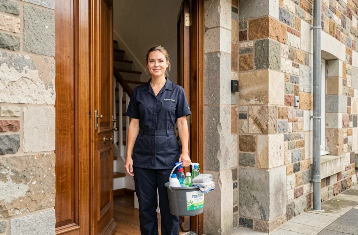 Aide ménagère arrivant à domicile avec son matériel de nettoyage dans un immeuble alsacien