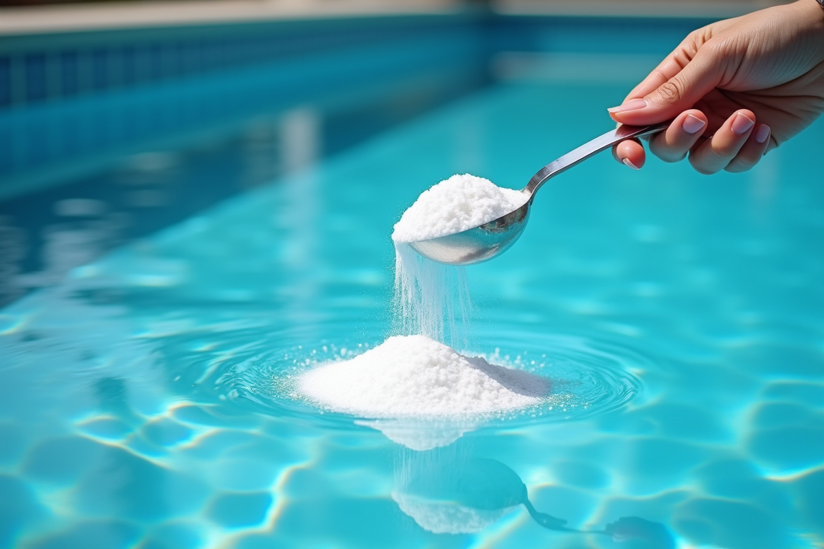 Main saupoudrant du bicarbonate dans une piscine bleue brillante