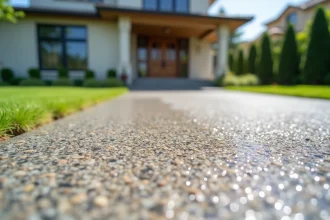 Allée de béton désactivé avec agrégats apparents devant une maison moderne, surface texturée révélant des petits cailloux colorés