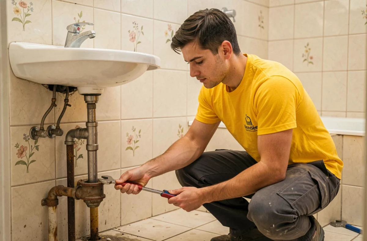 Plombier d'Allo Lolo Plombier réparant la plomberie sous un lavabo dans un appartement en Vendée