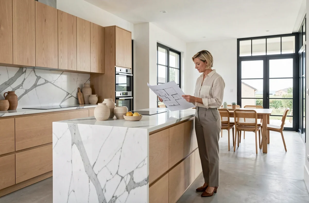 Cuisine moderne design en Loire-Atlantique par Ambroisine Studio avec îlot en marbre et menuiseries en chêne