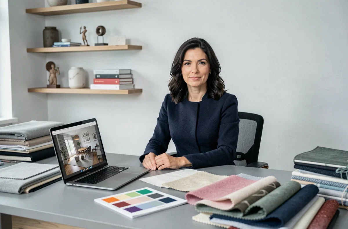 Angélique Meunier, décoratrice d'intérieur, dans son bureau de design à Bourg-en-Bresse avec échantillons et rendus 3D