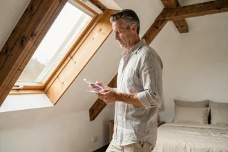 Propriétaire appairant une télécommande Velux sous une fenêtre de toit dans une chambre mansardée avec poutres apparentes