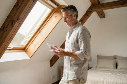 Propriétaire appairant une télécommande Velux sous une fenêtre de toit dans une chambre mansardée avec poutres apparentes