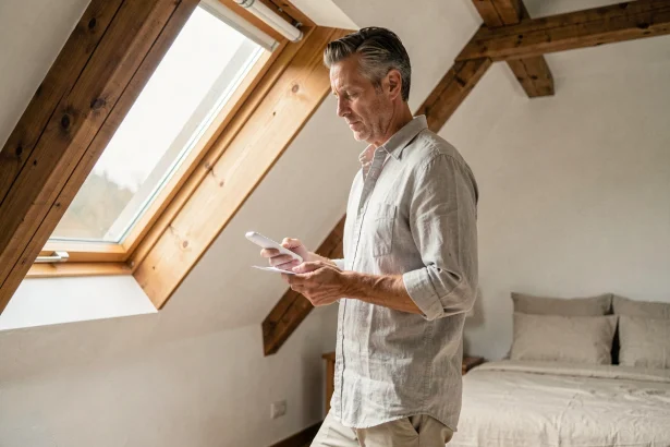 Propriétaire appairant une télécommande Velux sous une fenêtre de toit dans une chambre mansardée avec poutres apparentes