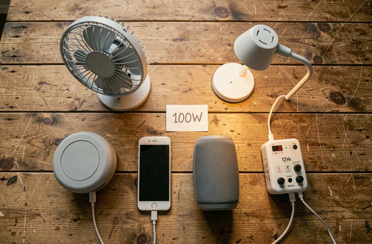 Appareils électroniques pouvant être alimentés par un panneau solaire de 100W posés sur une table en bois