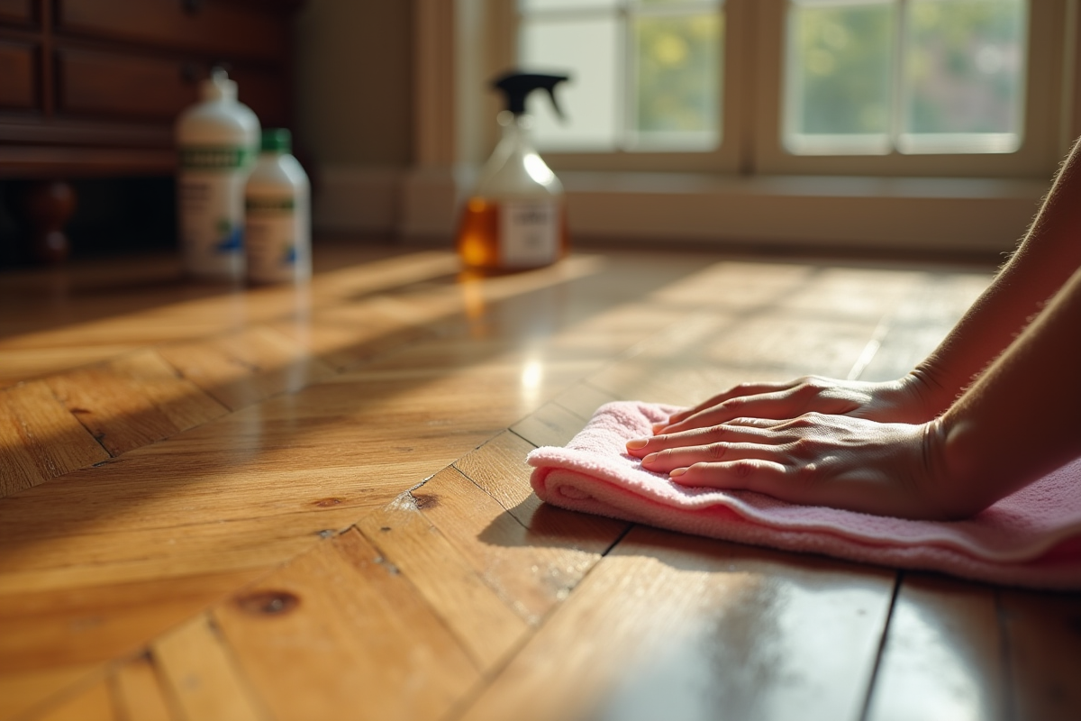 Mains appliquant une solution maison sur un parquet ancien