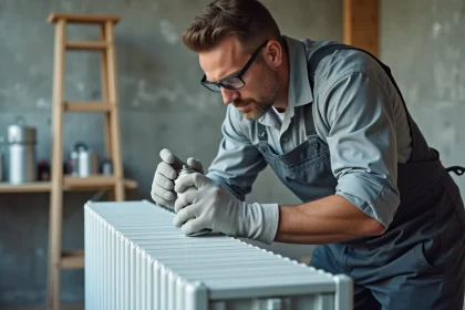 Professionnel appliquant la peinture RAL 9006 blanc aluminium sur un radiateur métallique dans un atelier industriel