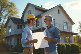 Architecte et propriétaire discutent d'un agrandissement de maison