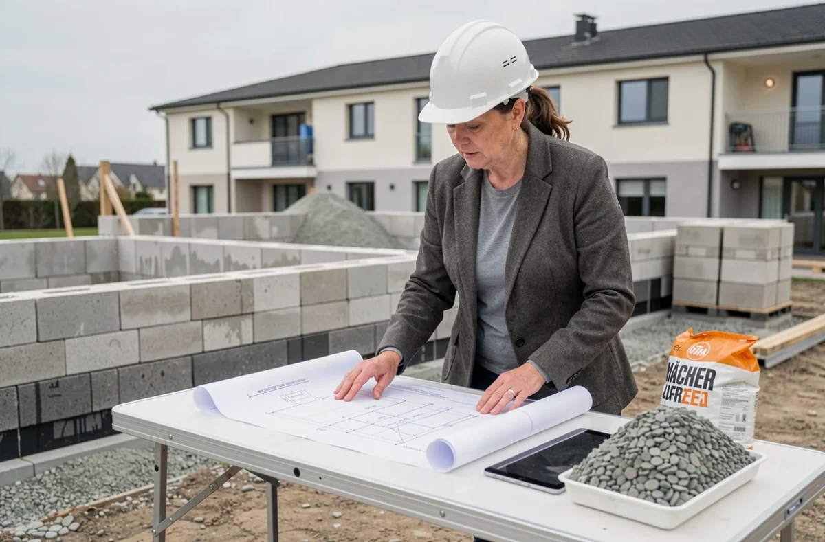 Architecte sur un chantier résidentiel consultant des plans techniques avec des granulés de mâchefer utilisés comme sous-couche de terrasse