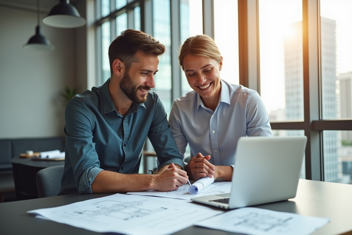 Architecte et client discutant plans dans un bureau lumineux