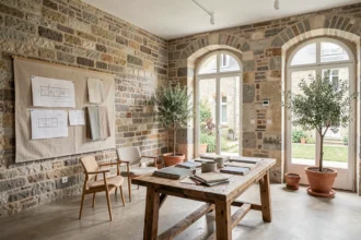 Studio d'architecture d'intérieur moderne dans les Pays de la Loire avec matériaux naturels et planches de tendances