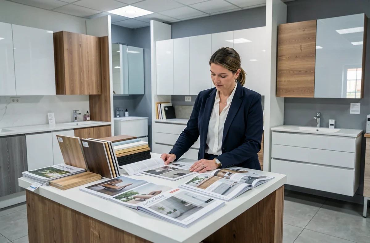 Conseillère en aménagement chez Arthur Bonnet PG Créations présentant des meubles de salle de bain en Vendée