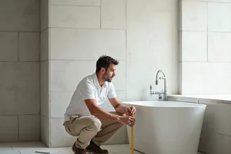 Artisan en train d'évaluer les travaux de rénovation d'une salle de bains avec carrelage et baignoire