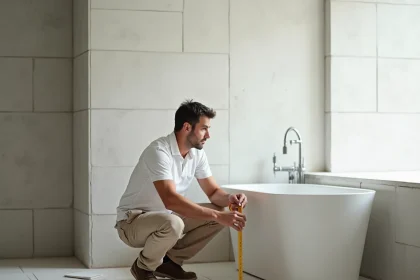 Artisan en train d'évaluer les travaux de rénovation d'une salle de bains avec carrelage et baignoire