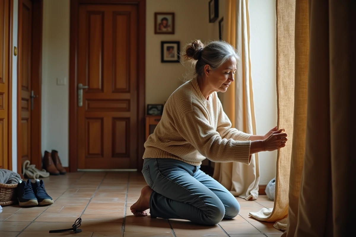 Femme artisan réparant un rideau métallique dans un intérieur chaleureux