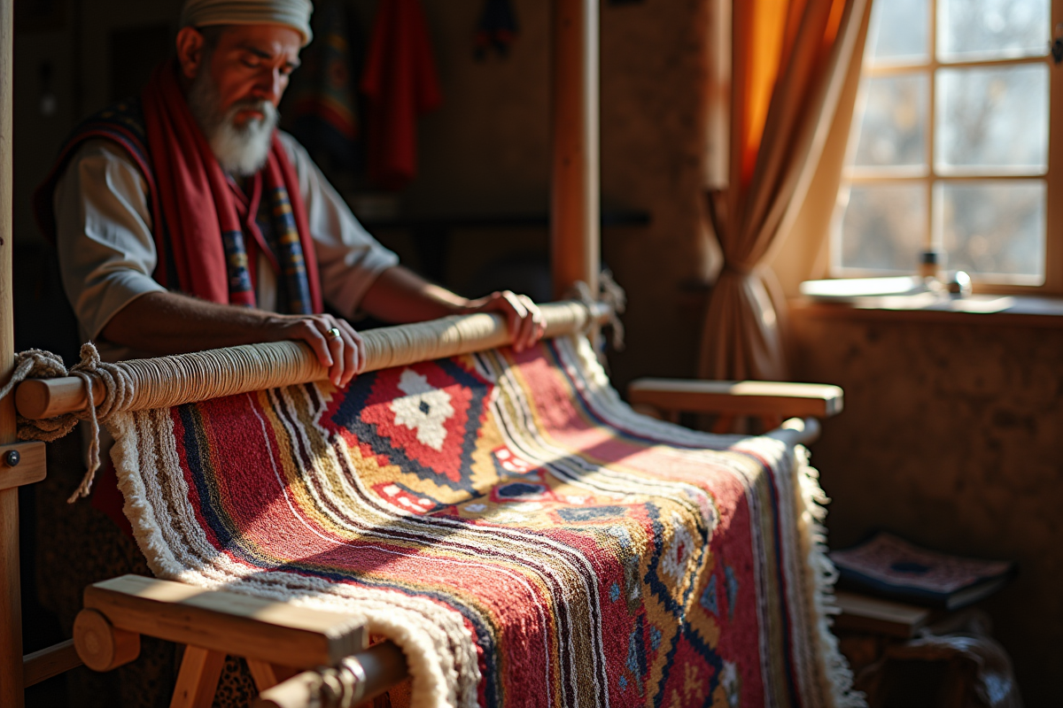Artisan berbère tissant un tapis traditionnel marocain
