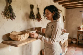 Femme arrangeant des céramiques artisanales et des paniers tressés sur une étagère en bois dans un intérieur décoré avec des objets faits main locaux