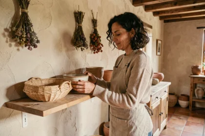 Femme arrangeant des céramiques artisanales et des paniers tressés sur une étagère en bois dans un intérieur décoré avec des objets faits main locaux