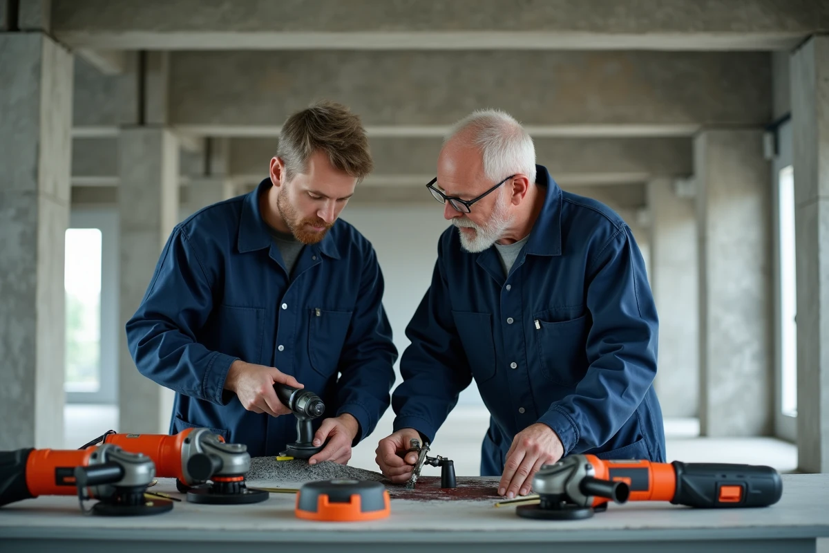 Deux artisans professionnels travaillant avec un assortiment d'outils de location sur un chantier urbain