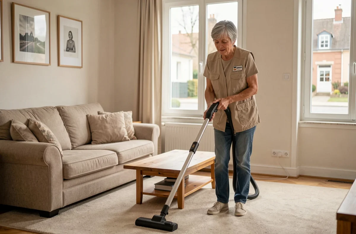 Dame de compagnie passant l'aspirateur dans un salon de maison à Sucy-en-Brie