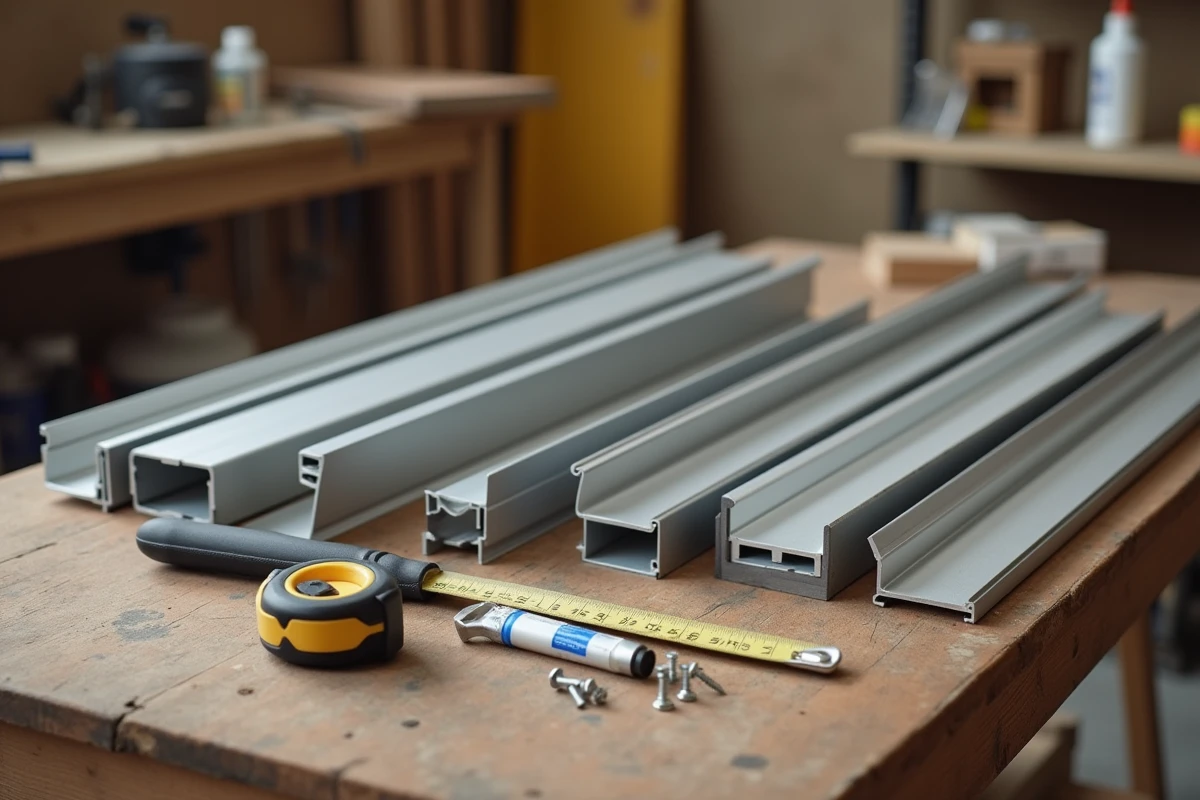 Assortiment de cornières aluminium extérieur et outils de pose présentés sur un établi en bois