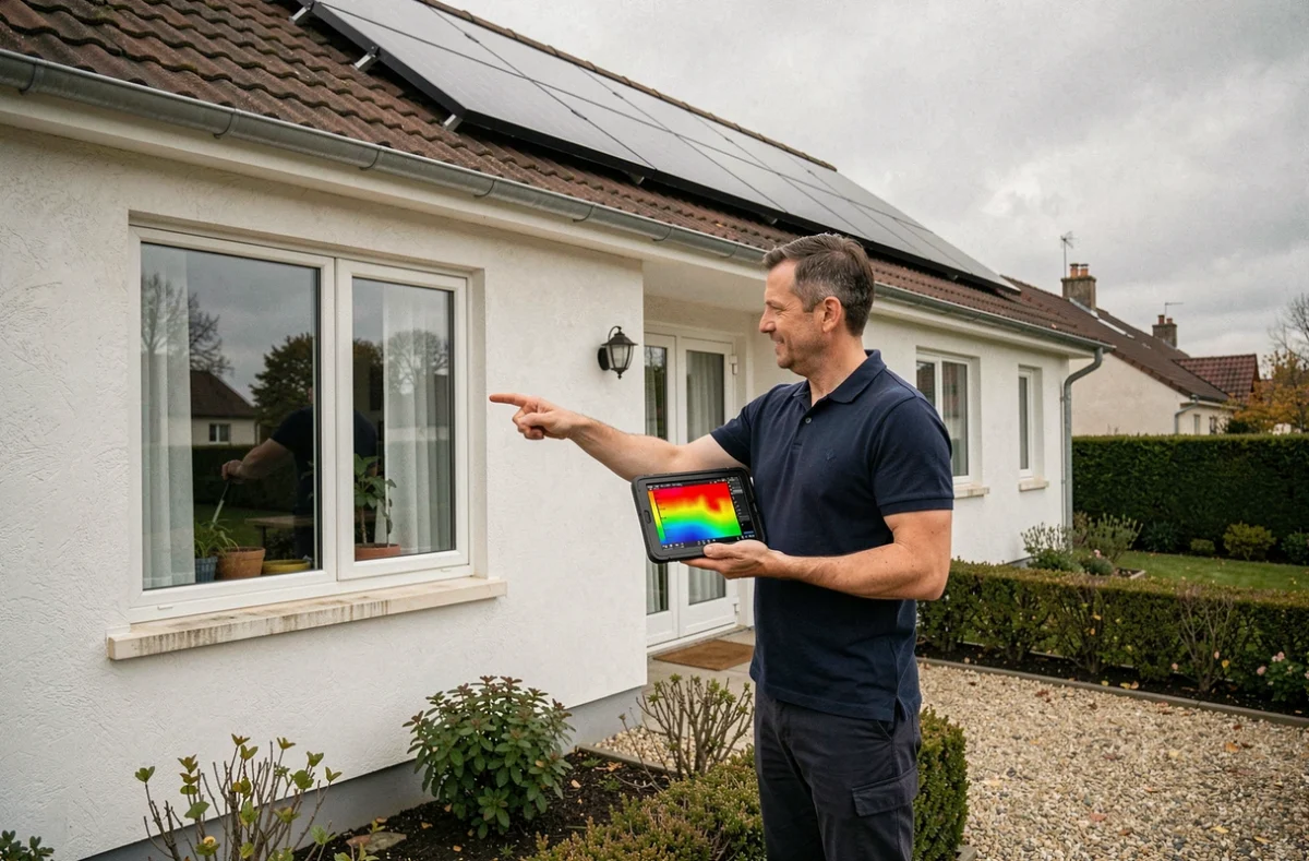 Auditeur énergétique réalisant un diagnostic thermique d'une maison individuelle avec tablette infrarouge