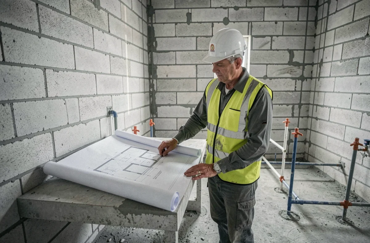Responsable de chantier de B.f.d.i. consultant des plans pour l'installation d'une salle de bain en Vendée