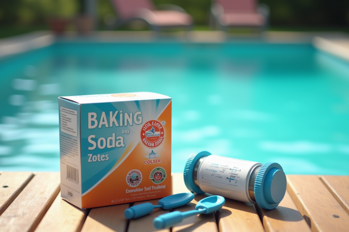 Boîte de bicarbonate avec outils de nettoyage au bord de la piscine