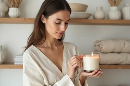 Femme déposant une bougie écoresponsable en cire de soja sur une étagère en bois recyclé dans un intérieur minimaliste