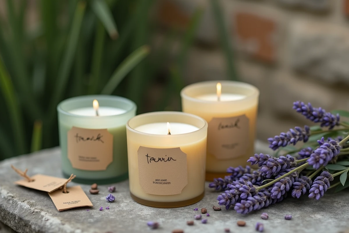 Trois bougies artisanales bio en cire végétale avec des étiquettes en papier kraft posées sur une surface en pierre, entourées de lavande séchée