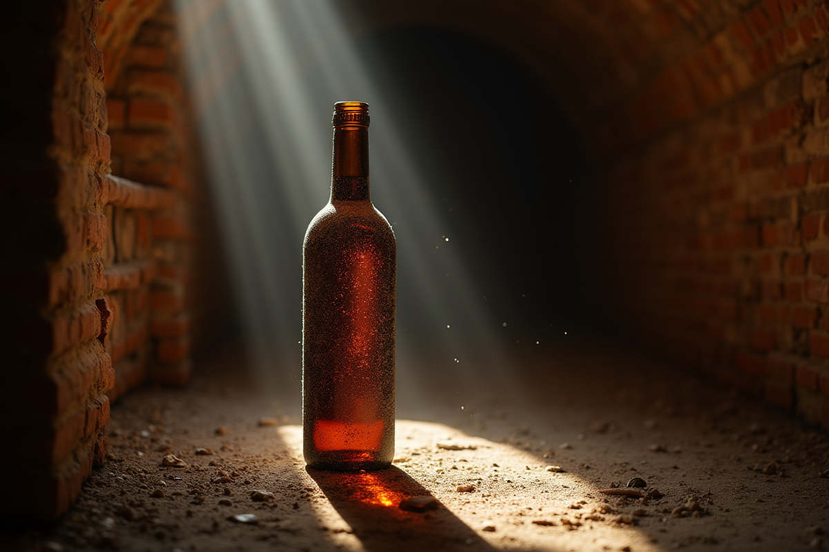 Bouteille de vin vintage poussiere dans cave rustique