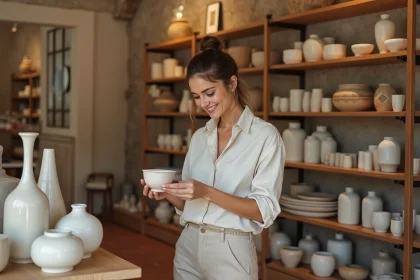 Femme qui browse des objets de décoration dans une boutique de décoration à Lyon, avec des murs en pierre et des étagères en bois garnies de céramiques artisanales