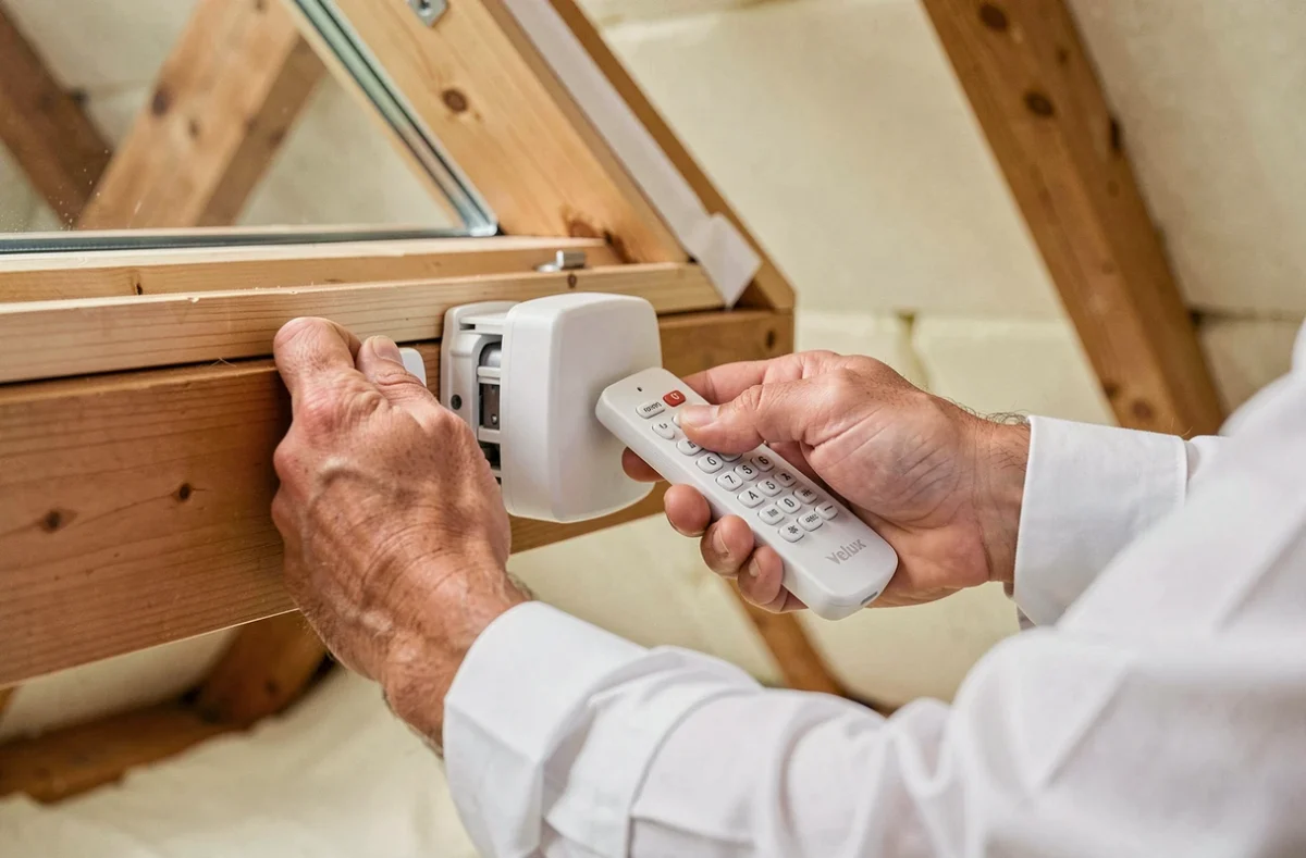 Gros plan sur l'appui du bouton d'appairage du moteur d'une fenêtre Velux avec télécommande tenue en main