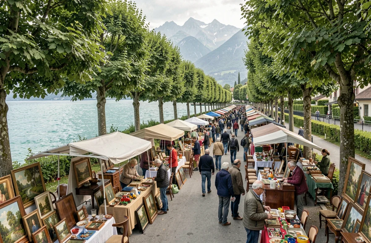 Vue panoramique d'une brocante en plein air au bord du lac d'Annecy un dimanche matin avec les Alpes en arrière-plan