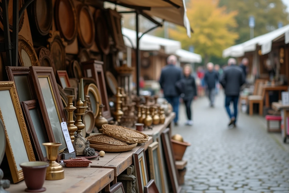 Étal de brocante en plein air à Lyon avec une sélection d'objets de décoration vintage comme des cadres, des bougeoirs en laiton et des paniers tressés