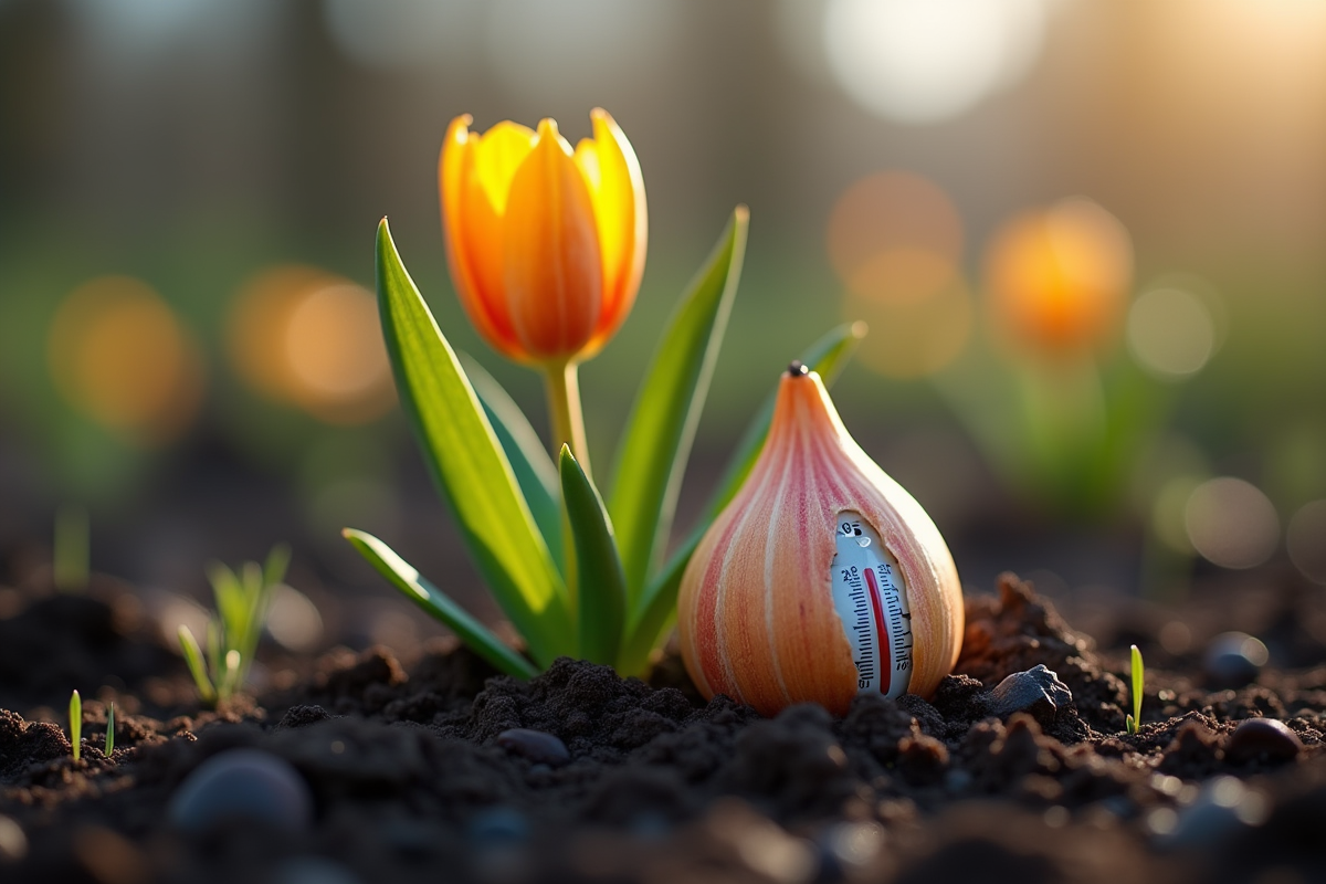 bulbe de lys émergeant du sol froid avec thermomètre en hiver