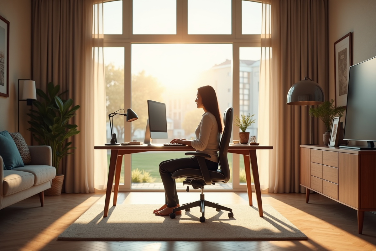 Bureau moderne avec chaise ergonomique et lumière naturelle