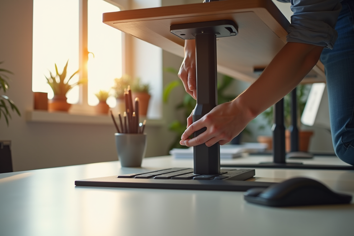 Espace de travail moderne avec une personne ajustant un pied de bureau