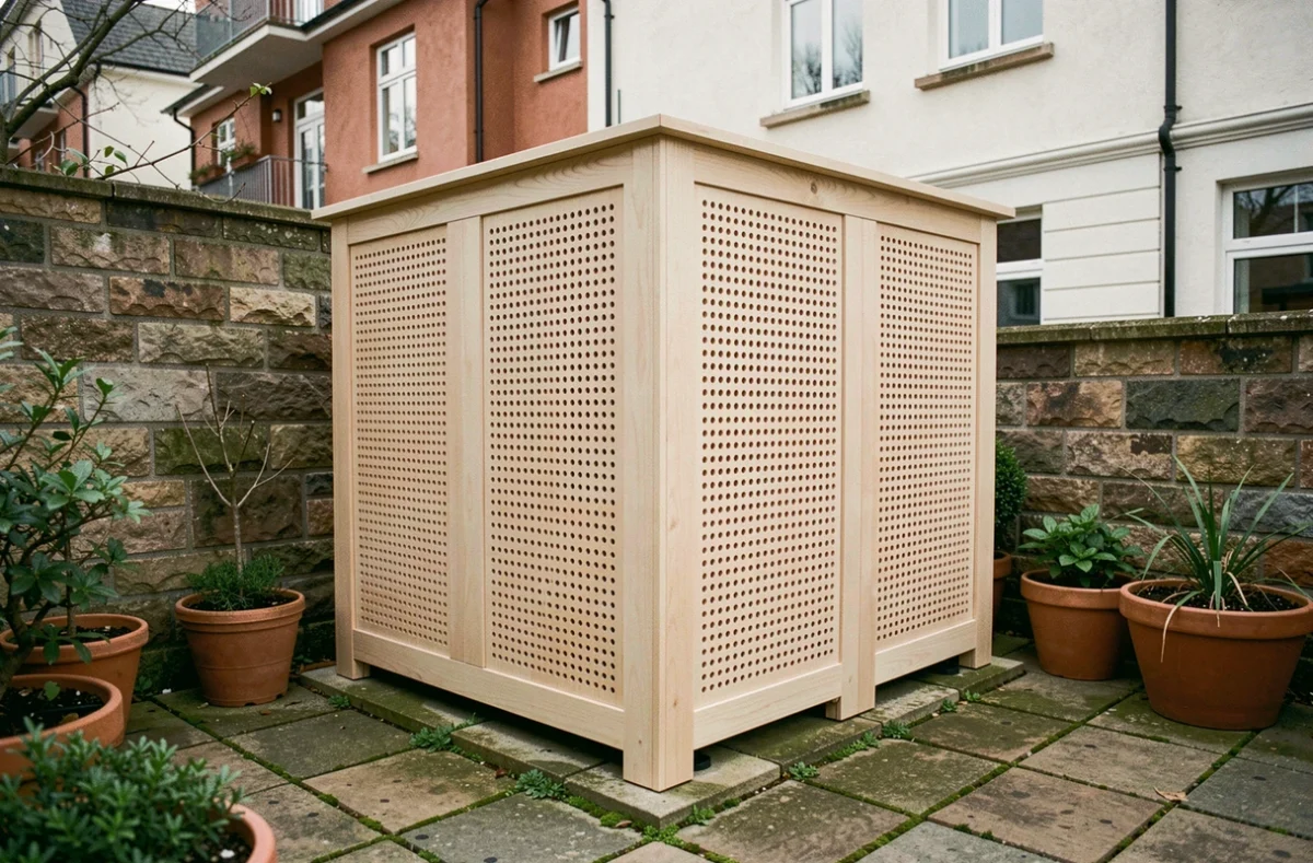 Caisson acoustique en bois autour d'une pompe à chaleur dans un jardin urbain