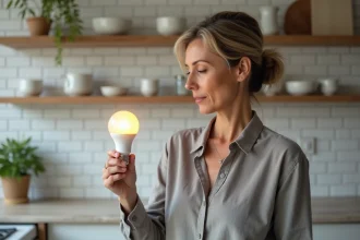 Femme comparant une ampoule LED et son emballage dans une cuisine moderne pour calculer les lumens par watt