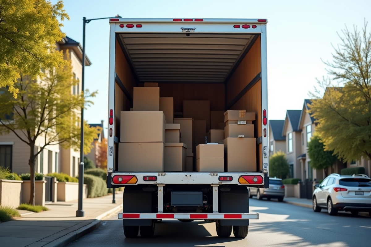 Camion de déménagement ouvert dans la rue avec meubles et cartons