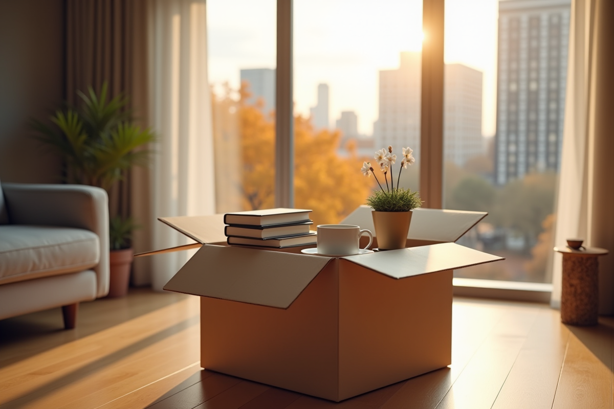 Carton ouvert dans un appartement lumineux avec vue urbaine