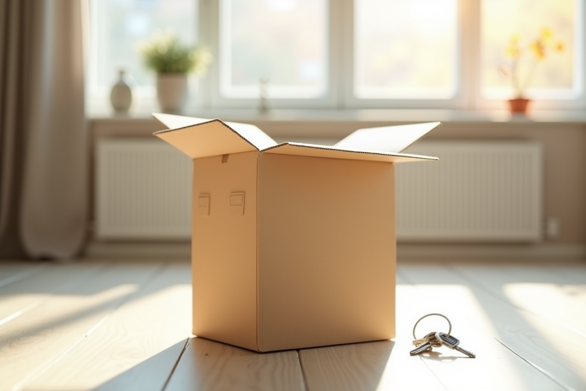 Carton ouvert dans un appartement lumineux avec clés à côté