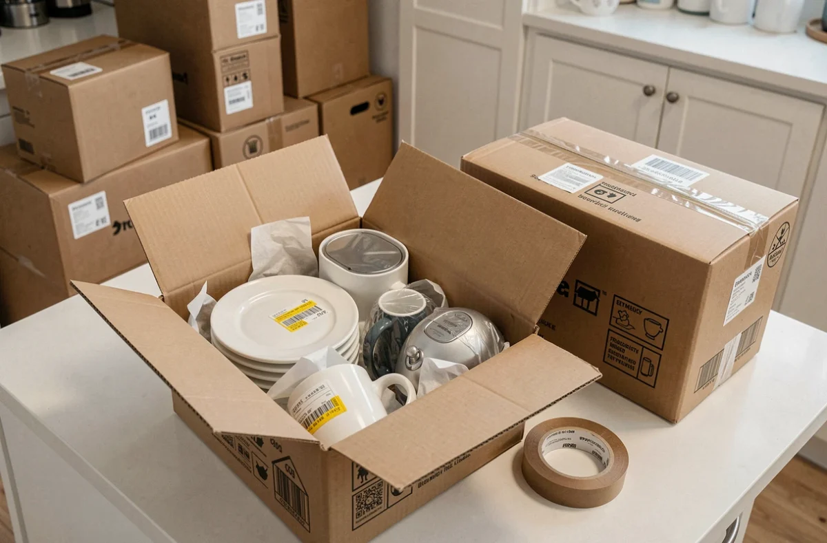 Cartons de déménagement ouverts et fermés de différentes tailles remplis d'articles de cuisine emballés sur un plan de travail